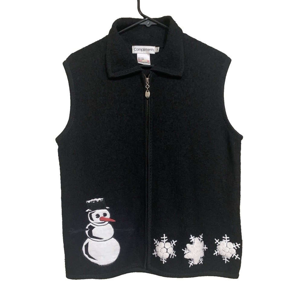 100%‎ Wool Embroidered Winter Holiday Vest Women's M Black Compliments - Picture 1 of 11
